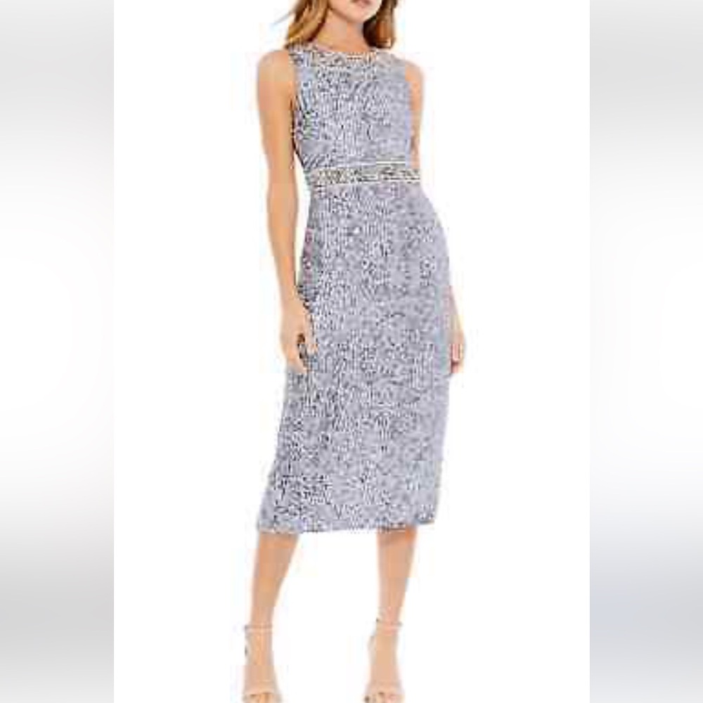 Mac duggal steel embellish sequins sheath midi dress size 14 cocktail wedding